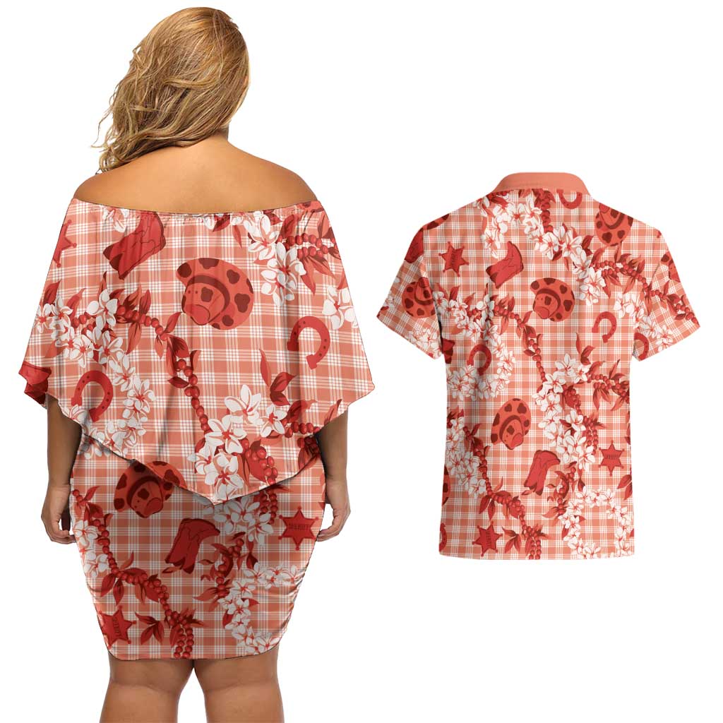 Mokihana Maile Ilima Leis Paniolo Palaka Couples Matching Off Shoulder Short Dress and Hawaiian Shirt Hawaiian Ulaula Spirit LT9 - Polynesian Pride