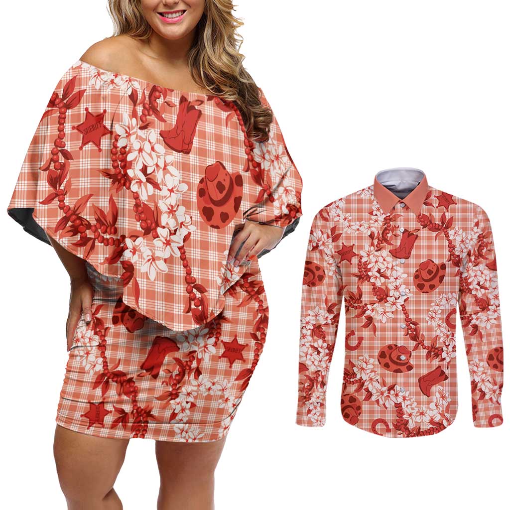 Mokihana Maile Ilima Leis Paniolo Palaka Couples Matching Off Shoulder Short Dress and Long Sleeve Button Shirt Hawaiian Ulaula Spirit LT9 Red - Polynesian Pride