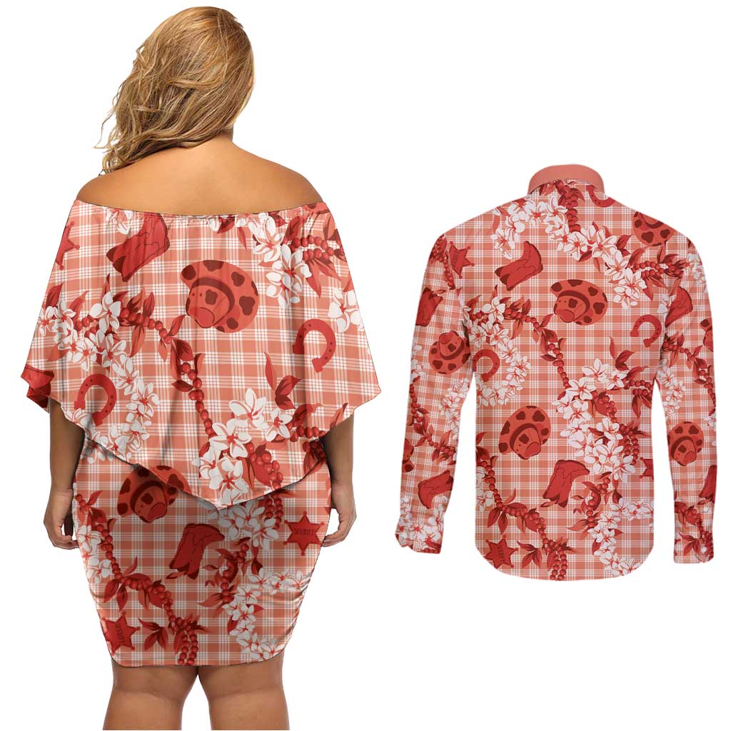 Mokihana Maile Ilima Leis Paniolo Palaka Couples Matching Off Shoulder Short Dress and Long Sleeve Button Shirt Hawaiian Ulaula Spirit LT9 - Polynesian Pride