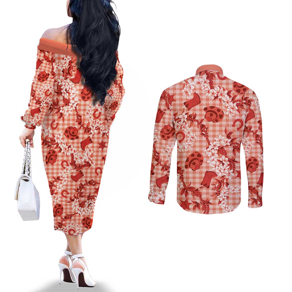 Mokihana Maile Ilima Leis Paniolo Palaka Couples Matching Off The Shoulder Long Sleeve Dress and Long Sleeve Button Shirt Hawaiian Ulaula Spirit LT9 - Polynesian Pride