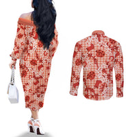 Mokihana Maile Ilima Leis Paniolo Palaka Couples Matching Off The Shoulder Long Sleeve Dress and Long Sleeve Button Shirt Hawaiian Ulaula Spirit LT9 - Polynesian Pride