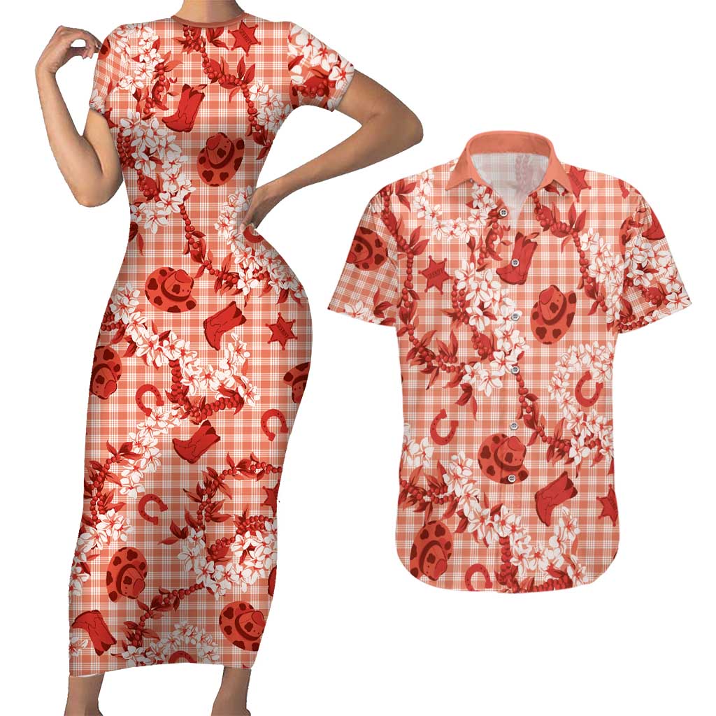 Mokihana Maile Ilima Leis Paniolo Palaka Couples Matching Short Sleeve Bodycon Dress and Hawaiian Shirt Hawaiian Ulaula Spirit - Polynesian Pride