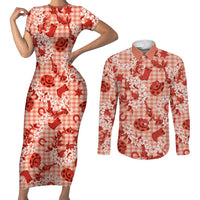 Mokihana Maile Ilima Leis Paniolo Palaka Couples Matching Short Sleeve Bodycon Dress and Long Sleeve Button Shirt Hawaiian Ulaula Spirit LT9 Red - Polynesian Pride