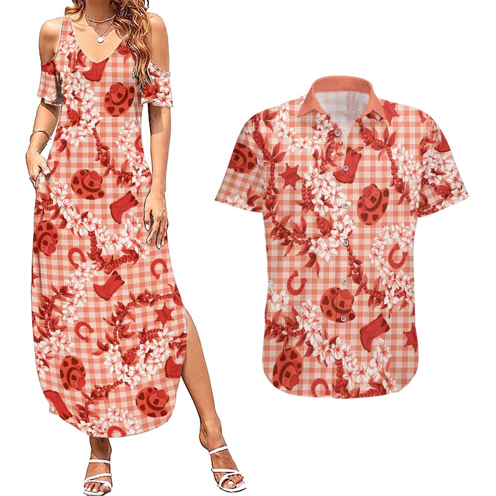 Mokihana Maile Ilima Leis Paniolo Palaka Couples Matching Summer Maxi Dress and Hawaiian Shirt Hawaiian Ulaula Spirit - Polynesian Pride