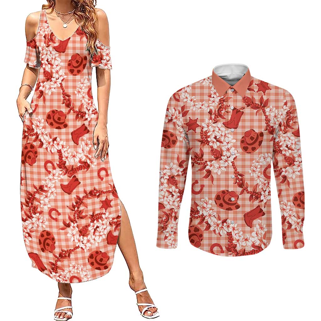 Mokihana Maile Ilima Leis Paniolo Palaka Couples Matching Summer Maxi Dress and Long Sleeve Button Shirt Hawaiian Ulaula Spirit LT9 Red - Polynesian Pride