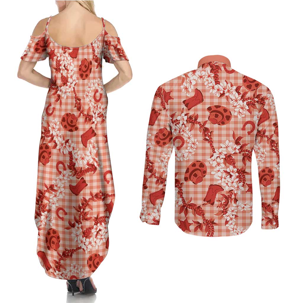 Mokihana Maile Ilima Leis Paniolo Palaka Couples Matching Summer Maxi Dress and Long Sleeve Button Shirt Hawaiian Ulaula Spirit LT9 - Polynesian Pride