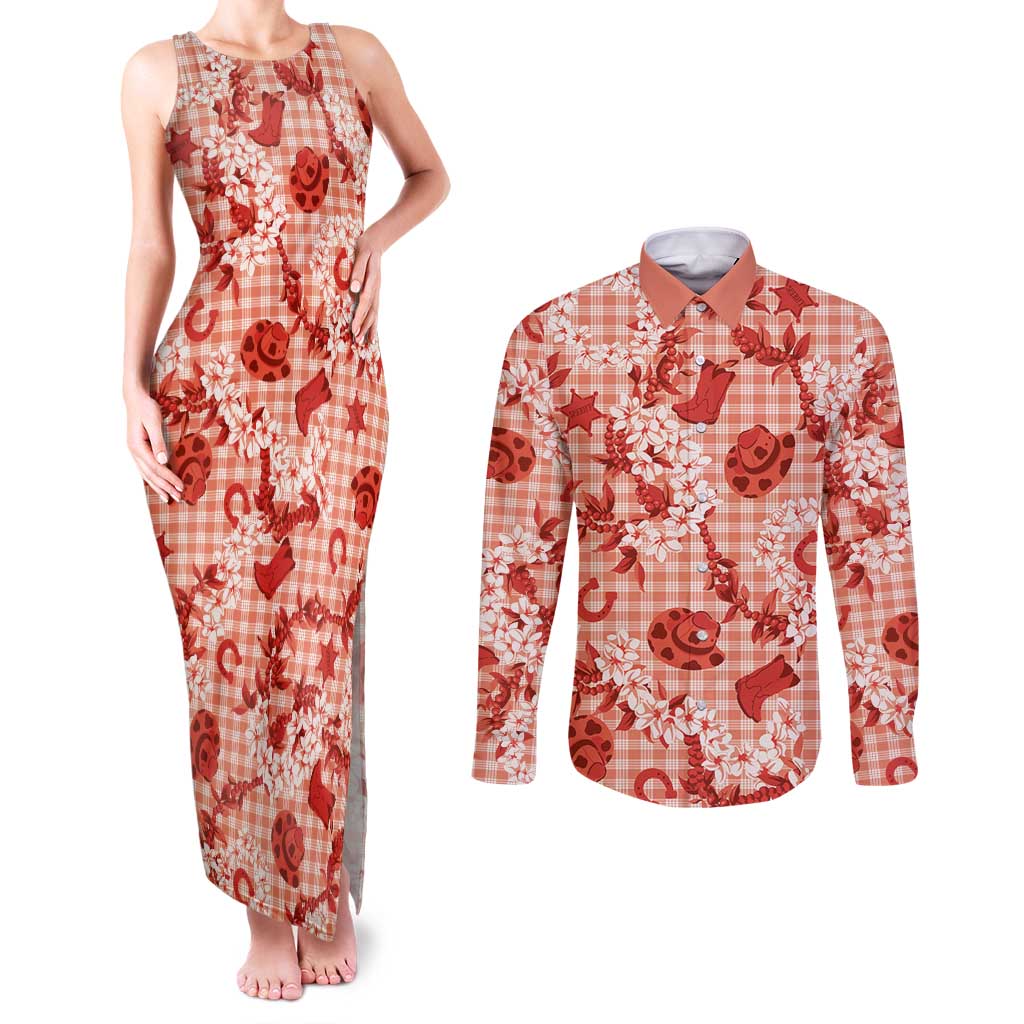 Mokihana Maile Ilima Leis Paniolo Palaka Couples Matching Tank Maxi Dress and Long Sleeve Button Shirt Hawaiian Ulaula Spirit LT9 Red - Polynesian Pride