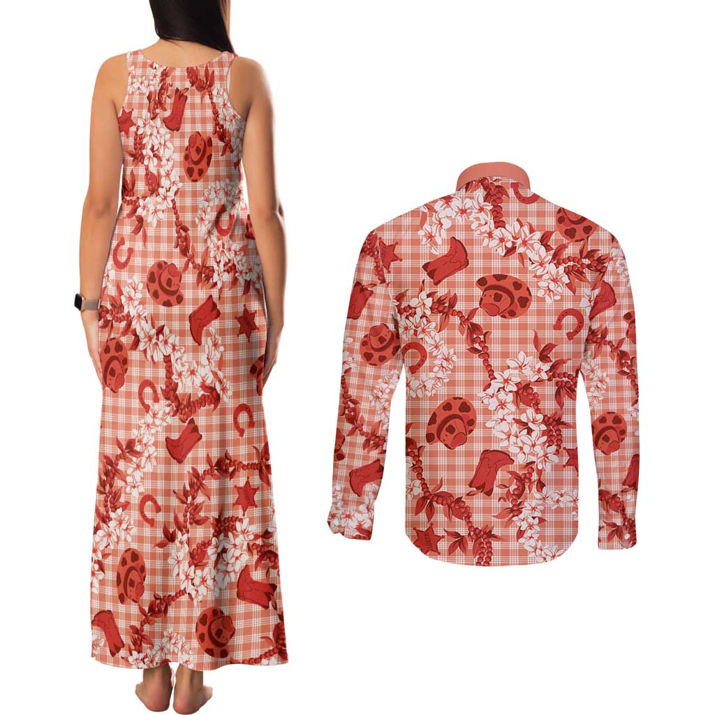 Mokihana Maile Ilima Leis Paniolo Palaka Couples Matching Tank Maxi Dress and Long Sleeve Button Shirt Hawaiian Ulaula Spirit LT9 - Polynesian Pride