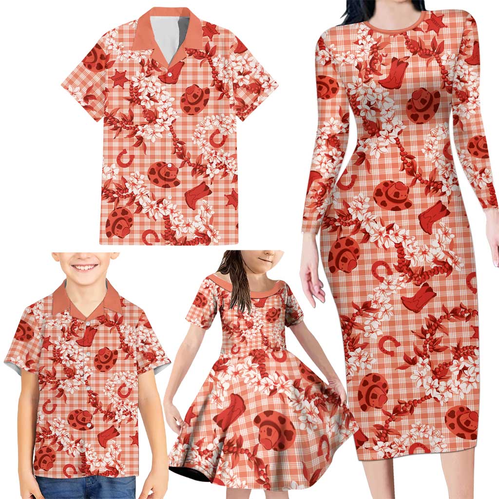Mokihana Maile Ilima Leis Paniolo Palaka Family Matching Long Sleeve Bodycon Dress and Hawaiian Shirt Hawaiian Ulaula Spirit - Polynesian Pride
