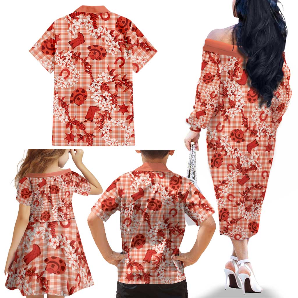 Mokihana Maile Ilima Leis Paniolo Palaka Family Matching Off The Shoulder Long Sleeve Dress and Hawaiian Shirt Hawaiian Ulaula Spirit LT9 - Polynesian Pride