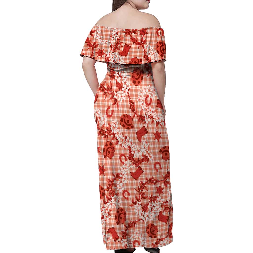 Mokihana Maile Ilima Leis Paniolo Palaka Family Matching Off Shoulder Maxi Dress and Hawaiian Shirt Hawaiian Ulaula Spirit LT9 - Polynesian Pride