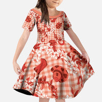 Mokihana Maile Ilima Leis Paniolo Palaka Family Matching Off Shoulder Short Dress and Hawaiian Shirt Hawaiian Ulaula Spirit LT9 Daughter's Dress Red - Polynesian Pride