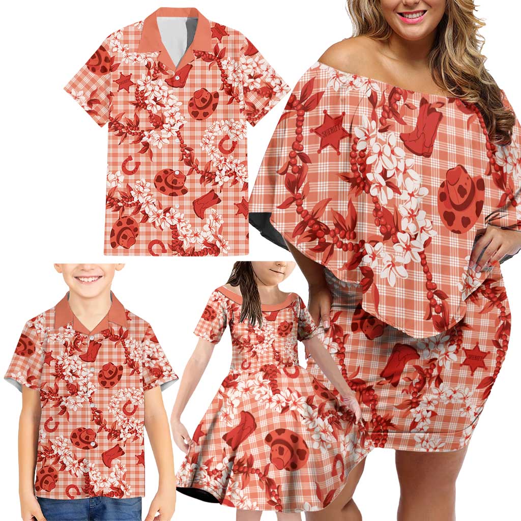 Mokihana Maile Ilima Leis Paniolo Palaka Family Matching Off Shoulder Short Dress and Hawaiian Shirt Hawaiian Ulaula Spirit - Polynesian Pride