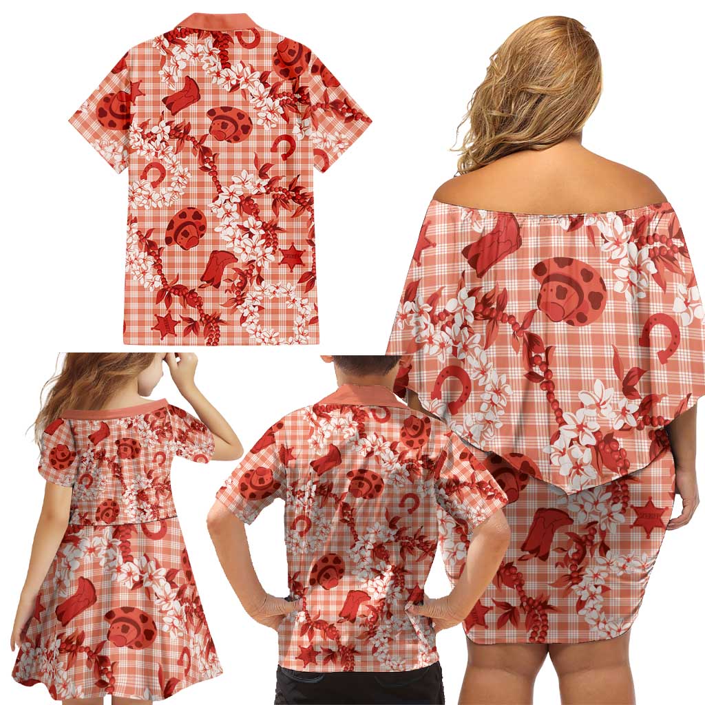 Mokihana Maile Ilima Leis Paniolo Palaka Family Matching Off Shoulder Short Dress and Hawaiian Shirt Hawaiian Ulaula Spirit LT9 - Polynesian Pride