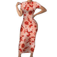 Mokihana Maile Ilima Leis Paniolo Palaka Family Matching Short Sleeve Bodycon Dress and Hawaiian Shirt Hawaiian Ulaula Spirit LT9 Red - Polynesian Pride