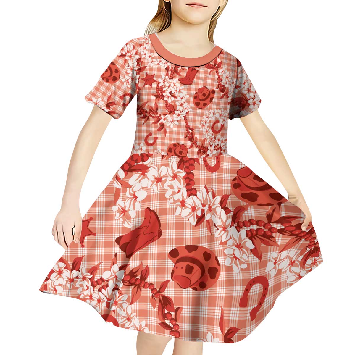 Mokihana Maile Ilima Leis Paniolo Palaka Kid Short Sleeve Dress Hawaiian Ulaula Spirit - Polynesian Pride