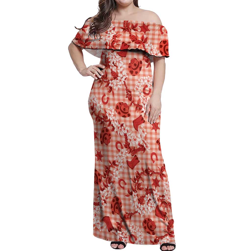Mokihana Maile Ilima Leis Paniolo Palaka Off Shoulder Maxi Dress Hawaiian Ulaula Spirit - Polynesian Pride