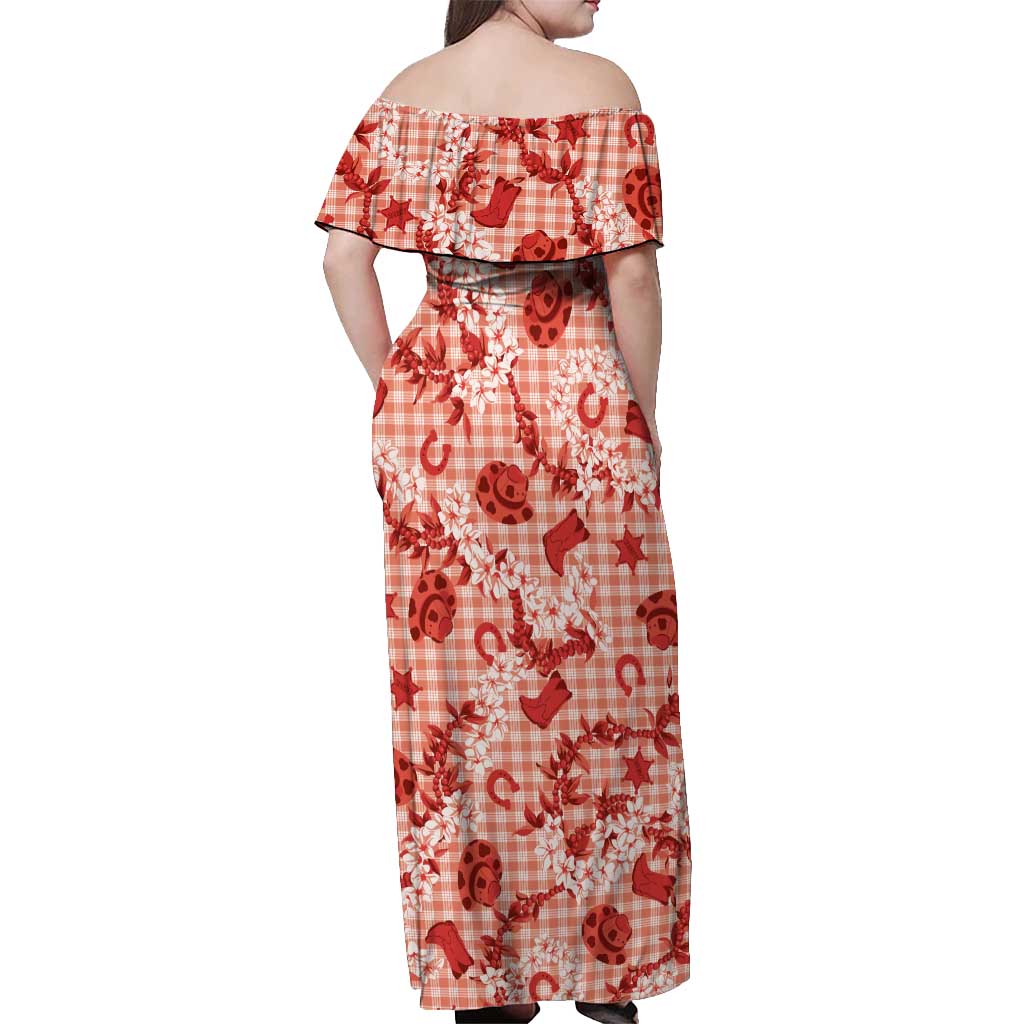 Mokihana Maile Ilima Leis Paniolo Palaka Off Shoulder Maxi Dress Hawaiian Ulaula Spirit - Polynesian Pride