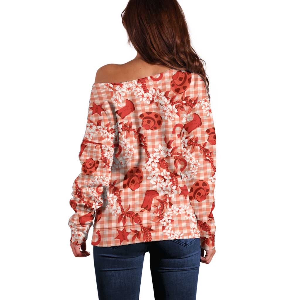 Mokihana Maile Ilima Leis Paniolo Palaka Off Shoulder Sweater Hawaiian Ulaula Spirit - Polynesian Pride