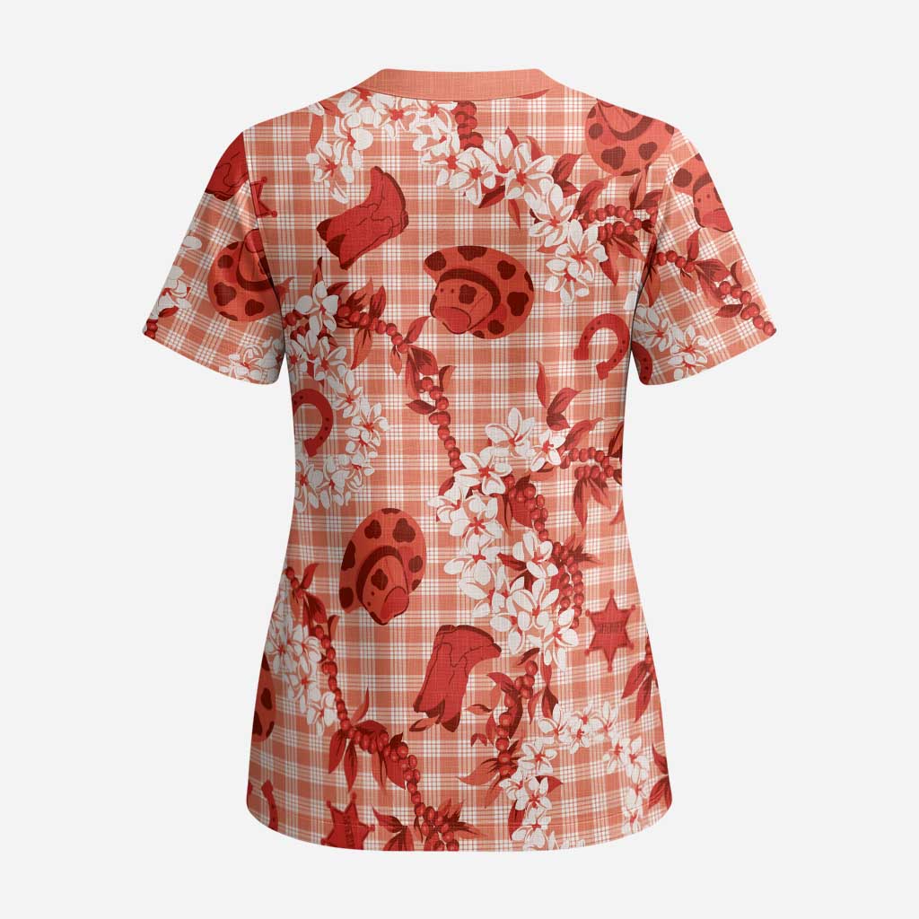 Mokihana Maile Ilima Leis Paniolo Palaka Scrub Top Hawaiian Ulaula Spirit - Polynesian Pride