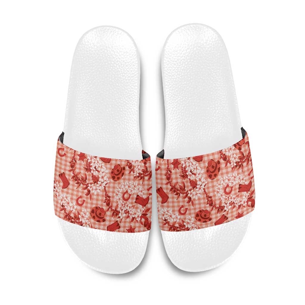 Mokihana Maile Ilima Leis Paniolo Palaka Slide Sandals Hawaiian Ulaula Spirit LT9 Red - Polynesian Pride