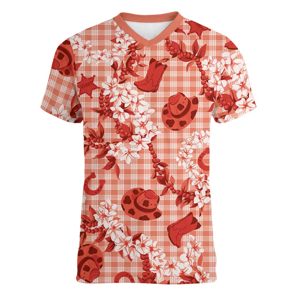 Mokihana Maile Ilima Leis Paniolo Palaka Women V-Neck T-Shirt Hawaiian Ulaula Spirit - Polynesian Pride