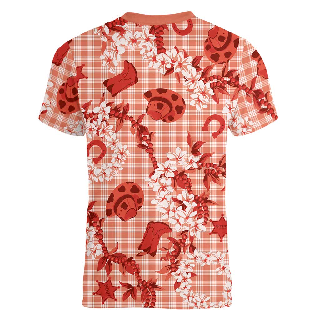 Mokihana Maile Ilima Leis Paniolo Palaka Women V-Neck T-Shirt Hawaiian Ulaula Spirit LT9 - Polynesian Pride