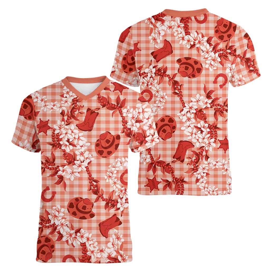 Mokihana Maile Ilima Leis Paniolo Palaka Women V-Neck T-Shirt Hawaiian Ulaula Spirit LT9 - Polynesian Pride