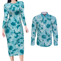 Mokihana Maile Ilima Leis Paniolo Palaka Couples Matching Long Sleeve Bodycon Dress and Long Sleeve Button Shirt Hawaiian Polu Opa Spirit LT9 Turquoise - Polynesian Pride
