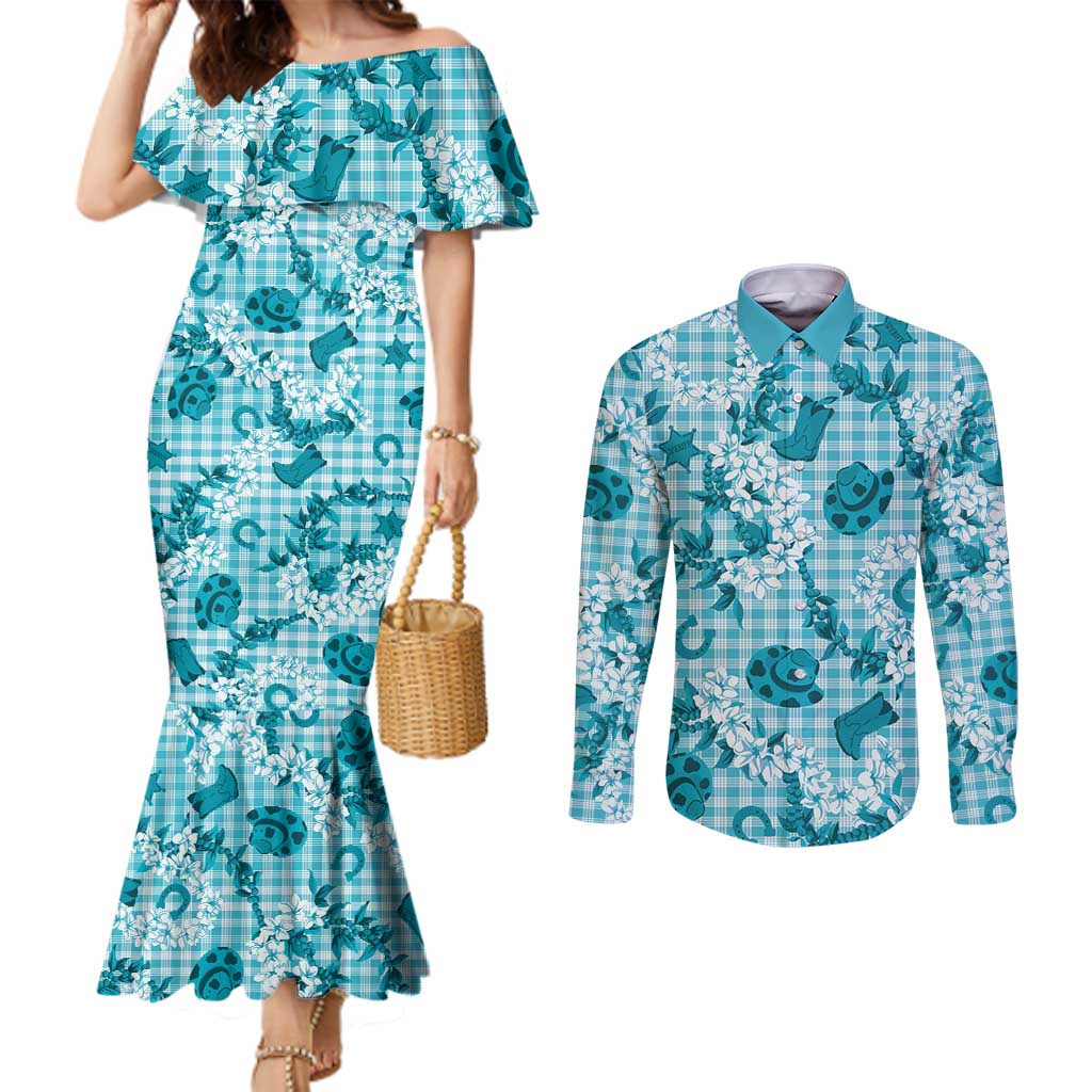 Mokihana Maile Ilima Leis Paniolo Palaka Couples Matching Mermaid Dress and Long Sleeve Button Shirt Hawaiian Polu Opa Spirit LT9 Turquoise - Polynesian Pride