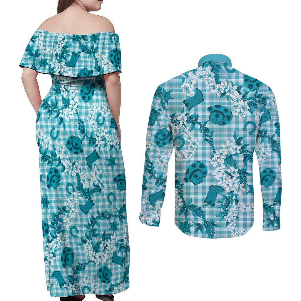 Mokihana Maile Ilima Leis Paniolo Palaka Couples Matching Off Shoulder Maxi Dress and Long Sleeve Button Shirt Hawaiian Polu Opa Spirit LT9 - Polynesian Pride