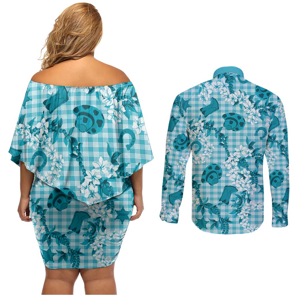 Mokihana Maile Ilima Leis Paniolo Palaka Couples Matching Off Shoulder Short Dress and Long Sleeve Button Shirt Hawaiian Polu Opa Spirit LT9 - Polynesian Pride