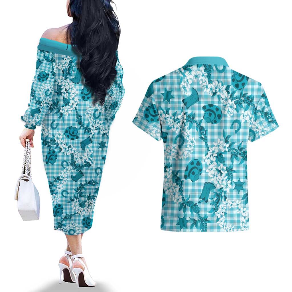 Mokihana Maile Ilima Leis Paniolo Palaka Couples Matching Off The Shoulder Long Sleeve Dress and Hawaiian Shirt Hawaiian Polu Opa Spirit LT9 - Polynesian Pride