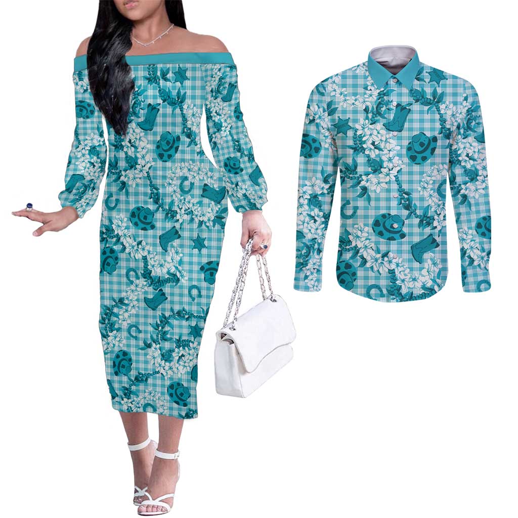 Mokihana Maile Ilima Leis Paniolo Palaka Couples Matching Off The Shoulder Long Sleeve Dress and Long Sleeve Button Shirt Hawaiian Polu Opa Spirit - Polynesian Pride