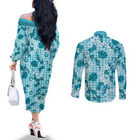 Mokihana Maile Ilima Leis Paniolo Palaka Couples Matching Off The Shoulder Long Sleeve Dress and Long Sleeve Button Shirt Hawaiian Polu Opa Spirit LT9 - Polynesian Pride
