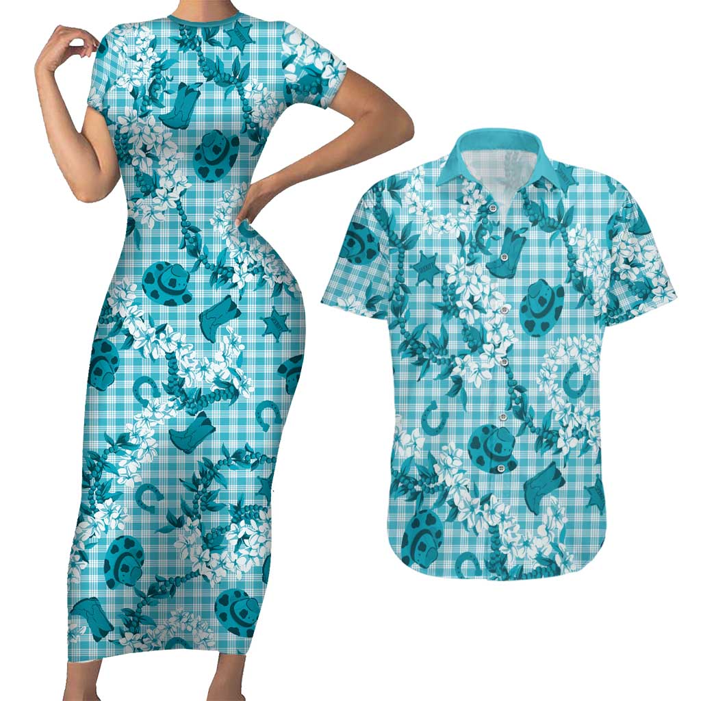 Mokihana Maile Ilima Leis Paniolo Palaka Couples Matching Short Sleeve Bodycon Dress and Hawaiian Shirt Hawaiian Polu Opa Spirit LT9 Turquoise - Polynesian Pride