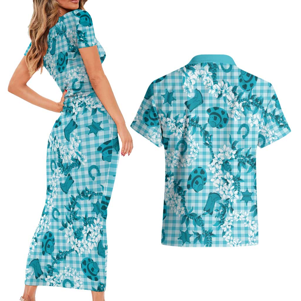 Mokihana Maile Ilima Leis Paniolo Palaka Couples Matching Short Sleeve Bodycon Dress and Hawaiian Shirt Hawaiian Polu Opa Spirit LT9 - Polynesian Pride