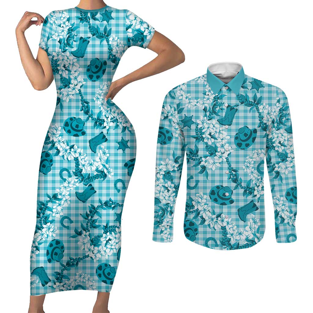 Mokihana Maile Ilima Leis Paniolo Palaka Couples Matching Short Sleeve Bodycon Dress and Long Sleeve Button Shirt Hawaiian Polu Opa Spirit LT9 Turquoise - Polynesian Pride