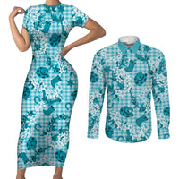 Mokihana Maile Ilima Leis Paniolo Palaka Couples Matching Short Sleeve Bodycon Dress and Long Sleeve Button Shirt Hawaiian Polu Opa Spirit LT9 Turquoise - Polynesian Pride