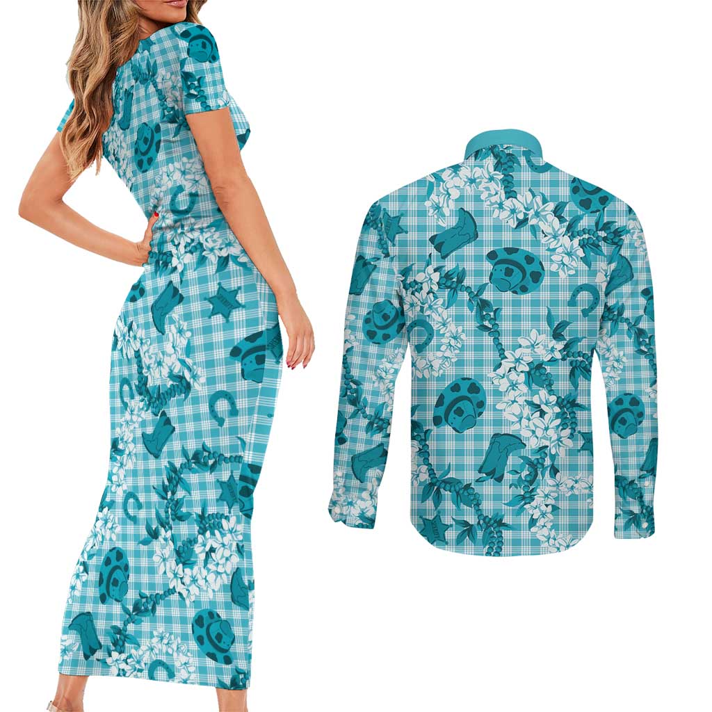 Mokihana Maile Ilima Leis Paniolo Palaka Couples Matching Short Sleeve Bodycon Dress and Long Sleeve Button Shirt Hawaiian Polu Opa Spirit LT9 - Polynesian Pride