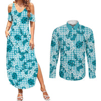 Mokihana Maile Ilima Leis Paniolo Palaka Couples Matching Summer Maxi Dress and Long Sleeve Button Shirt Hawaiian Polu Opa Spirit LT9 Turquoise - Polynesian Pride
