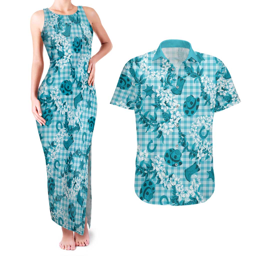 Mokihana Maile Ilima Leis Paniolo Palaka Couples Matching Tank Maxi Dress and Hawaiian Shirt Hawaiian Polu Opa Spirit LT9 Turquoise - Polynesian Pride