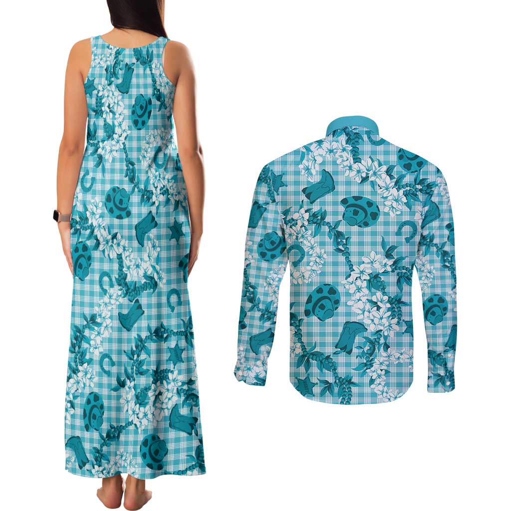 Mokihana Maile Ilima Leis Paniolo Palaka Couples Matching Tank Maxi Dress and Long Sleeve Button Shirt Hawaiian Polu Opa Spirit LT9 - Polynesian Pride