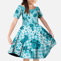 Mokihana Maile Ilima Leis Paniolo Palaka Family Matching Off The Shoulder Long Sleeve Dress and Hawaiian Shirt Hawaiian Polu Opa Spirit LT9 Daughter's Dress Turquoise - Polynesian Pride