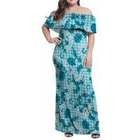 Mokihana Maile Ilima Leis Paniolo Palaka Family Matching Off Shoulder Maxi Dress and Hawaiian Shirt Hawaiian Polu Opa Spirit LT9 Turquoise - Polynesian Pride