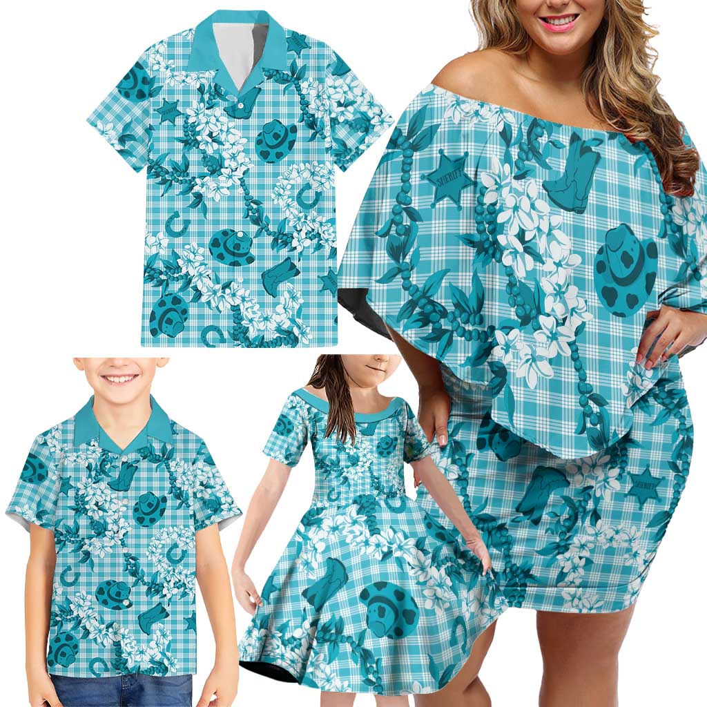 Mokihana Maile Ilima Leis Paniolo Palaka Family Matching Off Shoulder Short Dress and Hawaiian Shirt Hawaiian Polu Opa Spirit - Polynesian Pride