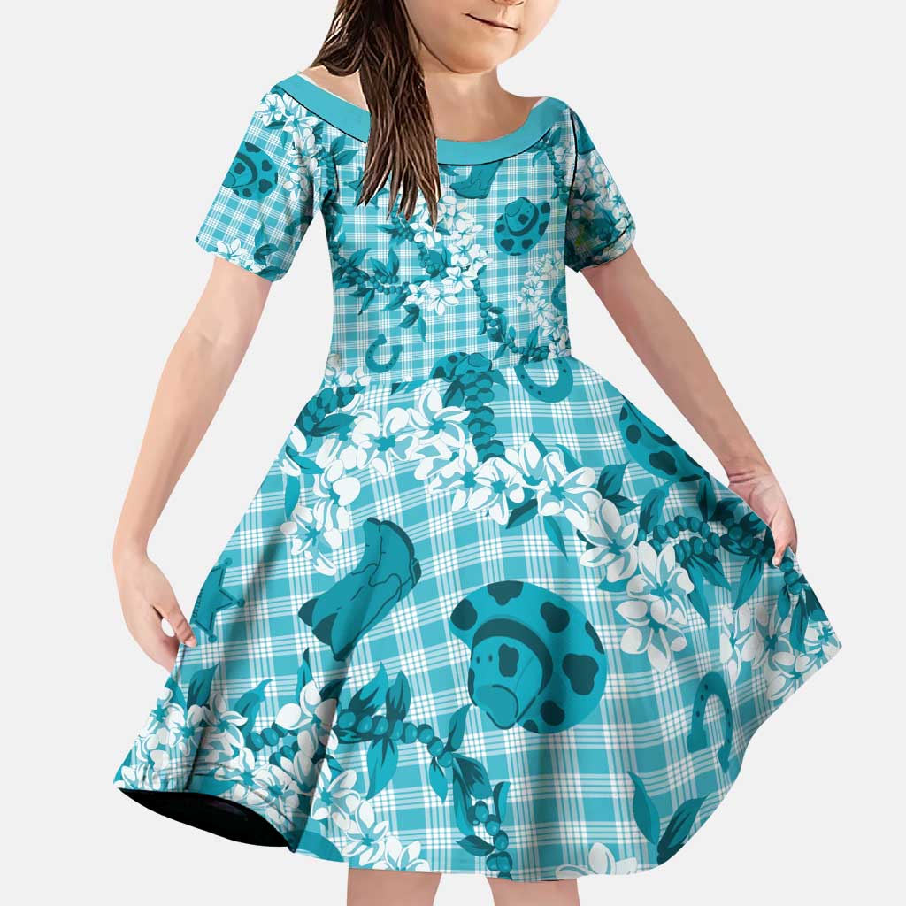 Mokihana Maile Ilima Leis Paniolo Palaka Family Matching Puletasi and Hawaiian Shirt Hawaiian Polu Opa Spirit LT9 Daughter's Dress Turquoise - Polynesian Pride