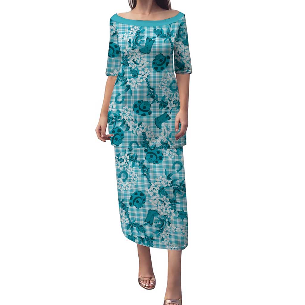 Mokihana Maile Ilima Leis Paniolo Palaka Family Matching Puletasi and Hawaiian Shirt Hawaiian Polu Opa Spirit LT9 Turquoise - Polynesian Pride
