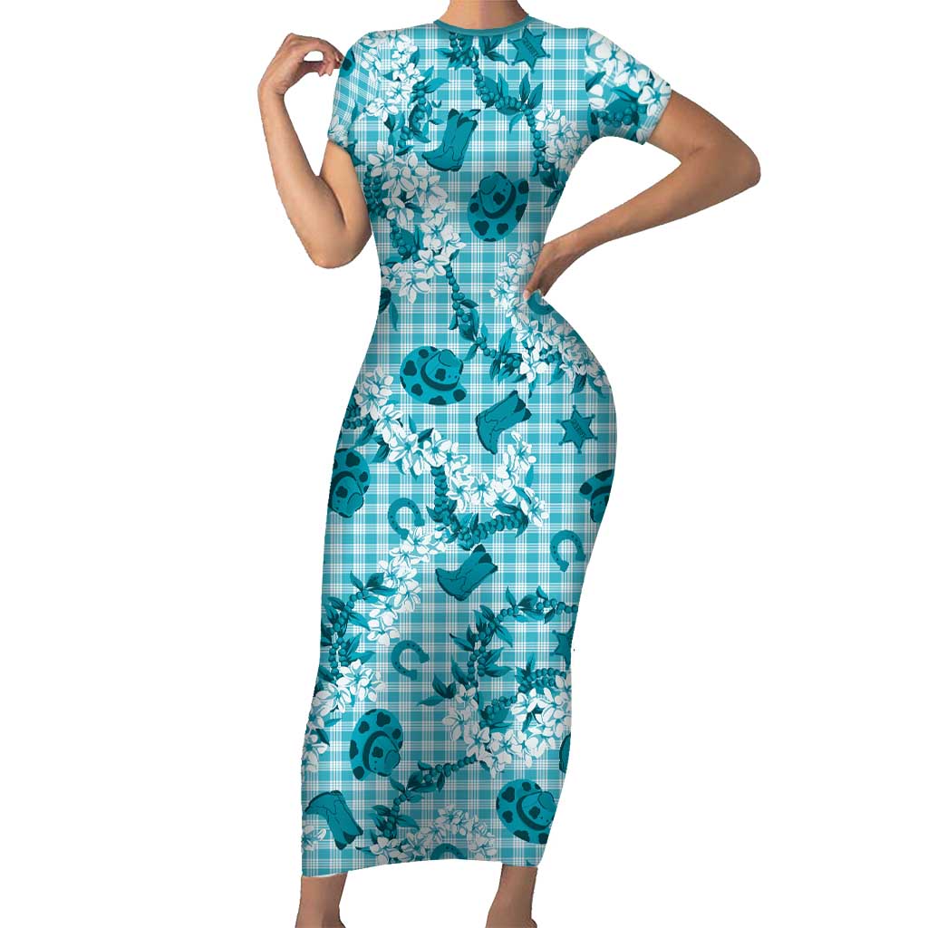 Mokihana Maile Ilima Leis Paniolo Palaka Family Matching Short Sleeve Bodycon Dress and Hawaiian Shirt Hawaiian Polu Opa Spirit LT9 Turquoise - Polynesian Pride