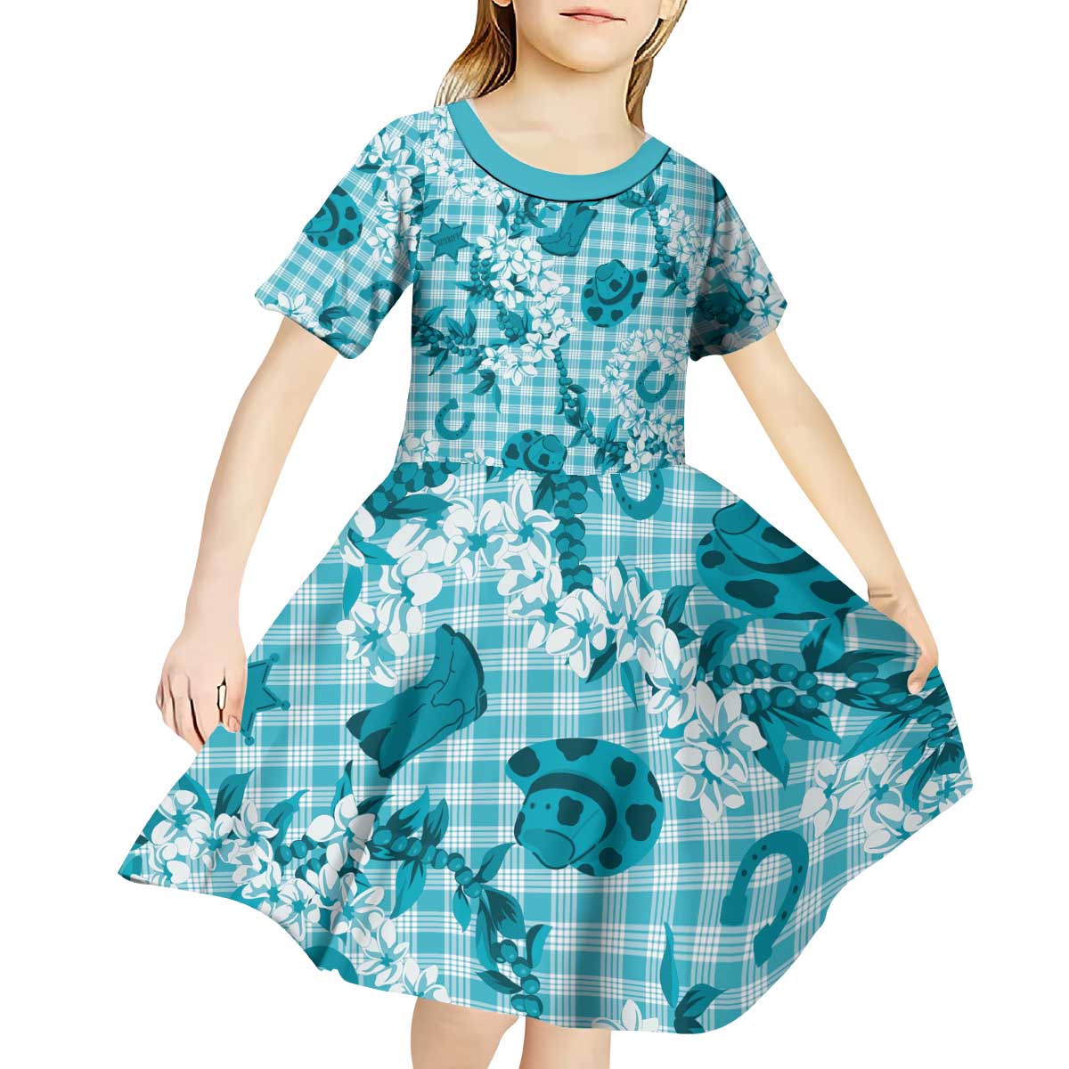 Mokihana Maile Ilima Leis Paniolo Palaka Kid Short Sleeve Dress Hawaiian Polu Opa Spirit LT9 - Polynesian Pride